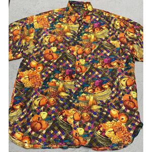 Vintage Silk Shirt Mens Large Fruit All Over Print Party Fruit Basket 90s Button